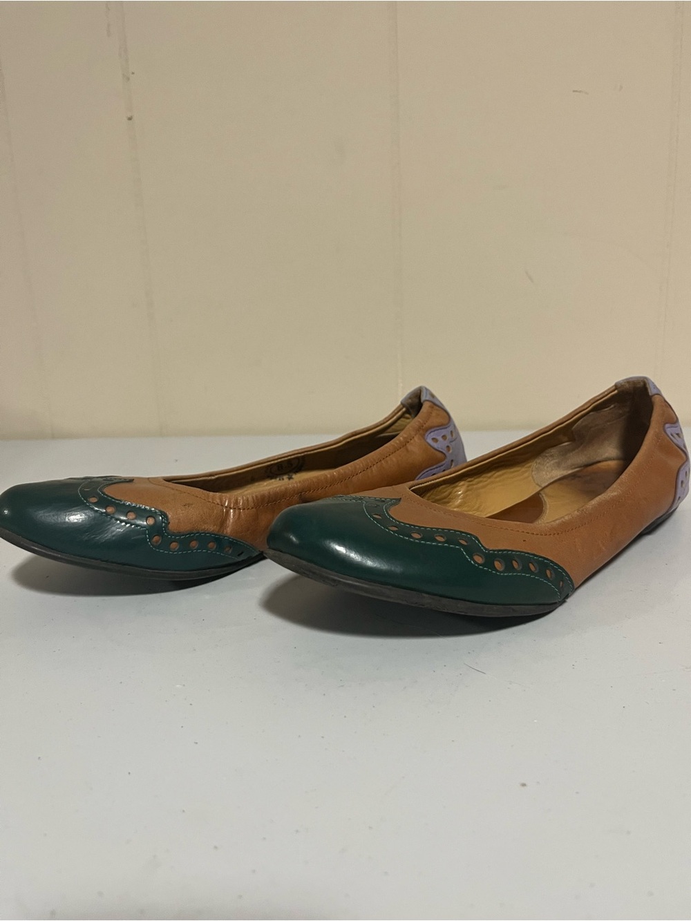 Women's Two-Tone Leather Ballet Flats - Brown & Teal